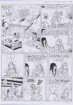 A black-and-white comic strip storyboard depicting a tense confrontation between two figures in a rural setting.
