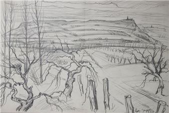 A monochromatic sketch of a rural landscape featuring gnarled trees and rolling hills.