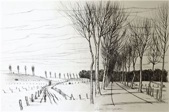 "A monochromatic landscape drawing featuring a snow-covered path lined with bare trees."