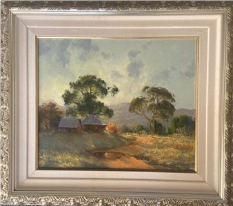 "A serene landscape painting of rustic cabins nestled among trees under a soft, cloudy sky."