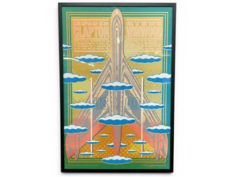 A psychedelic concert poster featuring a rocket ship soaring through stylized clouds.