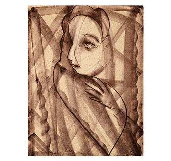 A monochromatic portrait of a figure in profile, rendered with geometric abstraction and textured shading.