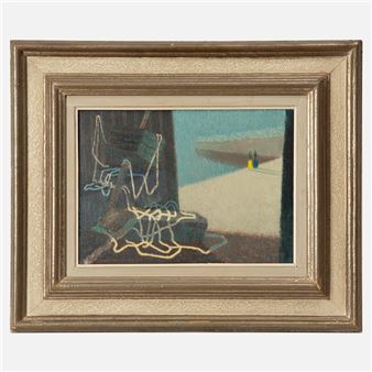 A framed abstract painting featuring a split composition with tangled white lines on the left and a distant beach scene on the right.