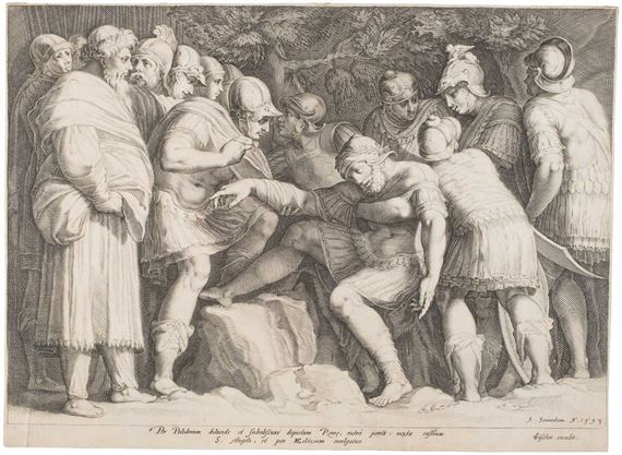 Scipio wounded in Battle, after Goltzius, 1593, plus two others - Hendrick Goltzius