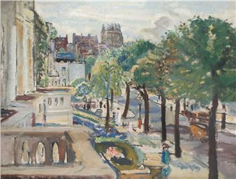 A vibrant impressionist view of a sunlit urban park with trees, figures, and distant architecture.