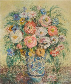 A vibrant floral still life featuring a colorful bouquet in a patterned vase.
