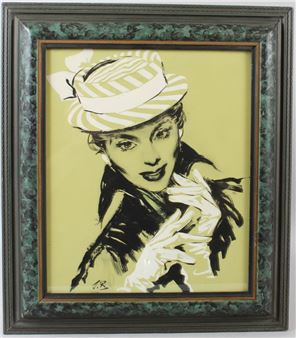 A stylized portrait of a woman in a striped hat and gloves against a pale yellow background.