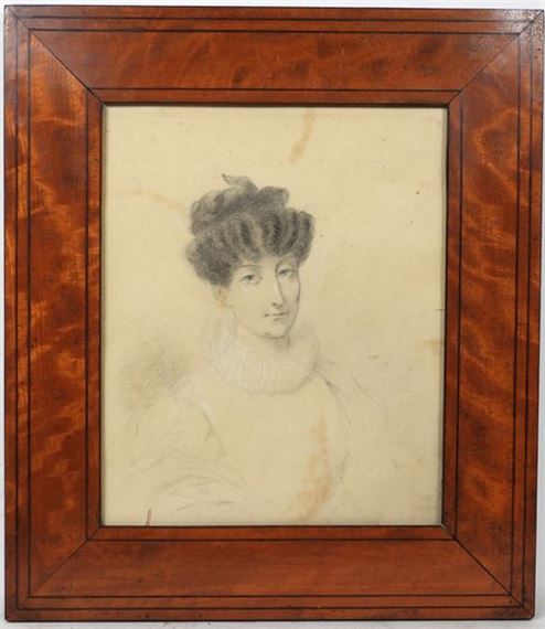 A charcoal portrait of a woman in a high-necked dress, framed in rich wood.