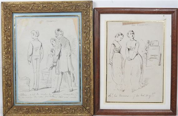 Two framed charcoal sketches depicting figures in a domestic setting.