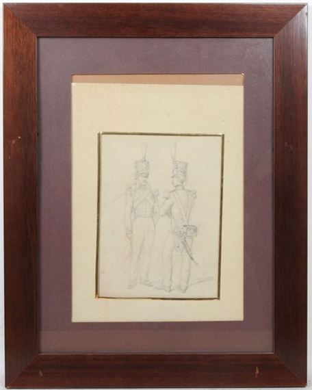A framed charcoal sketch of two uniformed figures standing side by side.