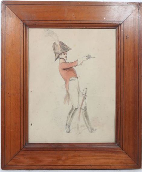 A framed watercolor sketch of a soldier aiming a pistol.
