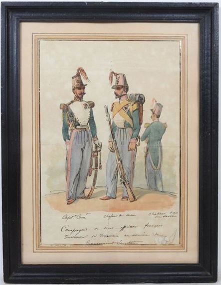 A framed watercolor illustration depicting three soldiers in historical military uniforms.