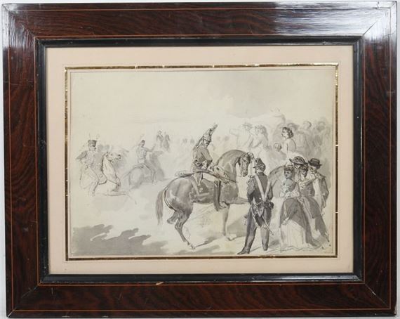 A framed charcoal sketch depicting a historical military scene with figures on horseback and standing soldiers.