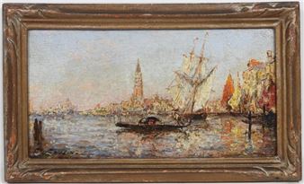 A watercolor seascape featuring a gondola, a large sailing ship, and a distant city skyline under a soft sky.