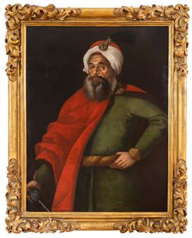 A formal portrait of a bearded figure in historical attire holding a sword.