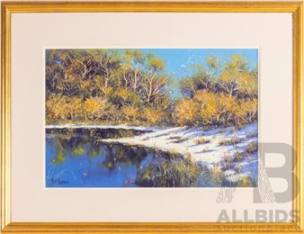 A serene landscape painting of a snowy riverbank with golden trees and blue water.