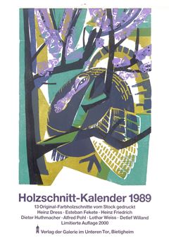 A graphic woodcut print featuring a stylized bird perched on a tree branch.