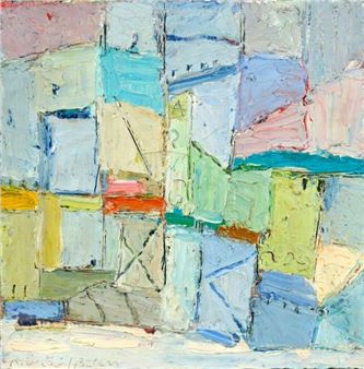 A vibrant abstract painting featuring a grid of colorful, textured blocks.