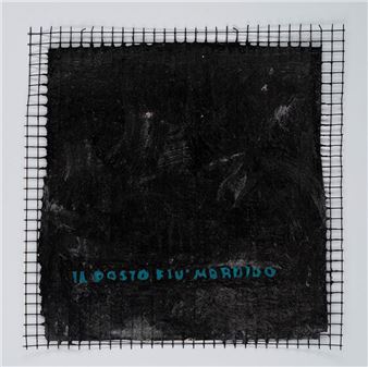 A dark, textured square artwork with a grid border and blue text.