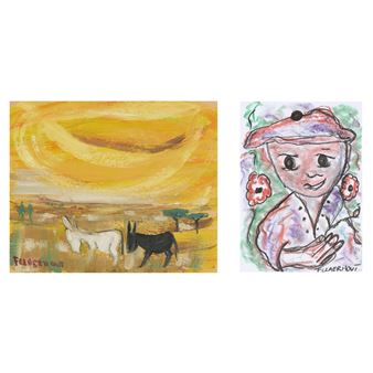 A diptych featuring a pastoral landscape with animals and a whimsical portrait of a figure in a hat.