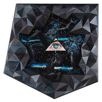 A surreal, three-dimensional artwork featuring a star-shaped frame with a cosmic scene inside.