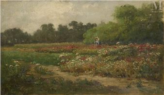 A pastoral scene featuring a person walking through a vibrant flower garden under an overcast sky.