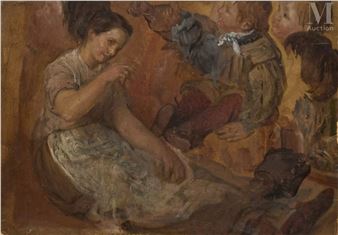 A tender oil painting of a seated woman sewing while children play nearby.