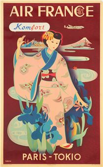 A vintage travel poster featuring a stylized figure in traditional Japanese attire against a deep red background.