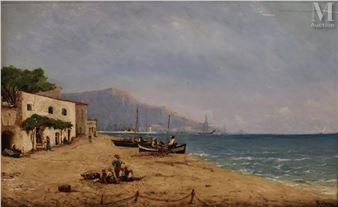 A coastal scene featuring figures on a sandy beach near buildings and boats under an overcast sky.