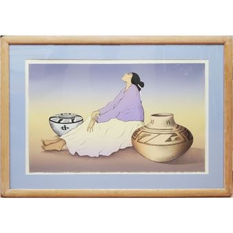 A serene figure sits cross-legged beside two patterned vessels, gazing upward against a soft gradient sky.