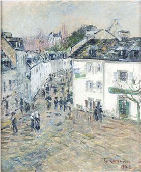 An impressionist street scene capturing a bustling town square with cobblestone paths and white buildings.