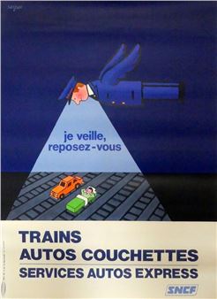 A stylized poster featuring a sleeping figure with wings casting a light beam onto a train track scene.