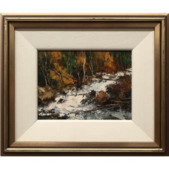 A framed landscape painting of a snowy forest stream.