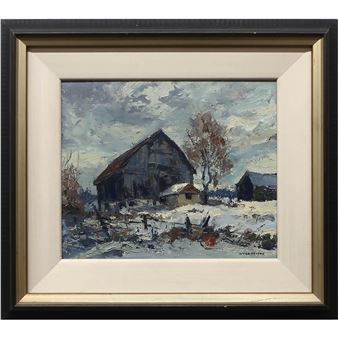 "A winter landscape painting of a barn in snow, framed and displayed."