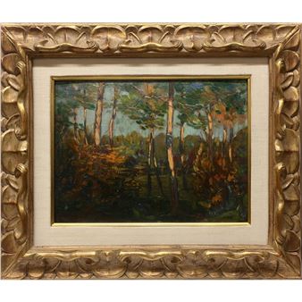 An ornate gold frame encloses a forest scene painted in impressionistic style.