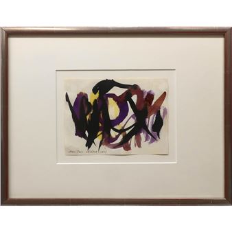 An abstract expressionist ink study featuring bold, overlapping strokes of black, purple, and yellow.