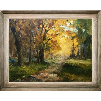 A sun-drenched forest path in autumn, rendered with loose brushwork and vibrant fall colors.