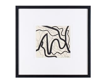 A minimalist framed artwork featuring bold black lines on a light background.