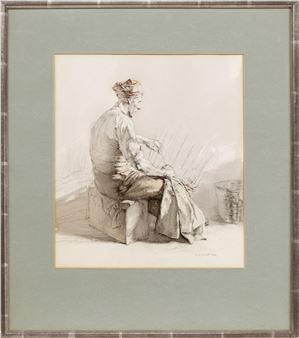 A monochromatic sketch of a seated figure weaving with visible threads and a basket nearby.