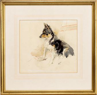 A watercolor portrait of a small dog sitting in profile against a soft, abstract background.