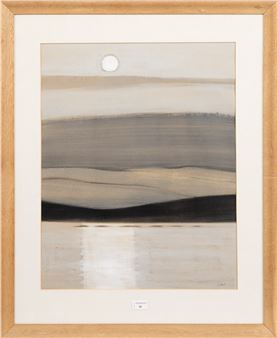 A minimalist landscape painting featuring layered earth tones and a white moon.