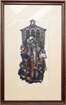 A framed print depicting a chaotic, cubist-style scene of figures and a building.