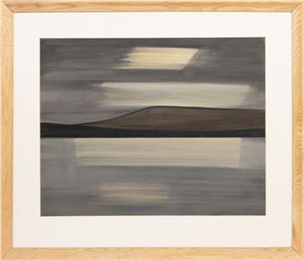 An abstract landscape painting featuring layered horizontal bands of earthy tones and a light wooden frame.