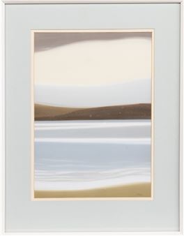A serene abstract landscape featuring layered horizontal bands of muted earth tones and cool blues.