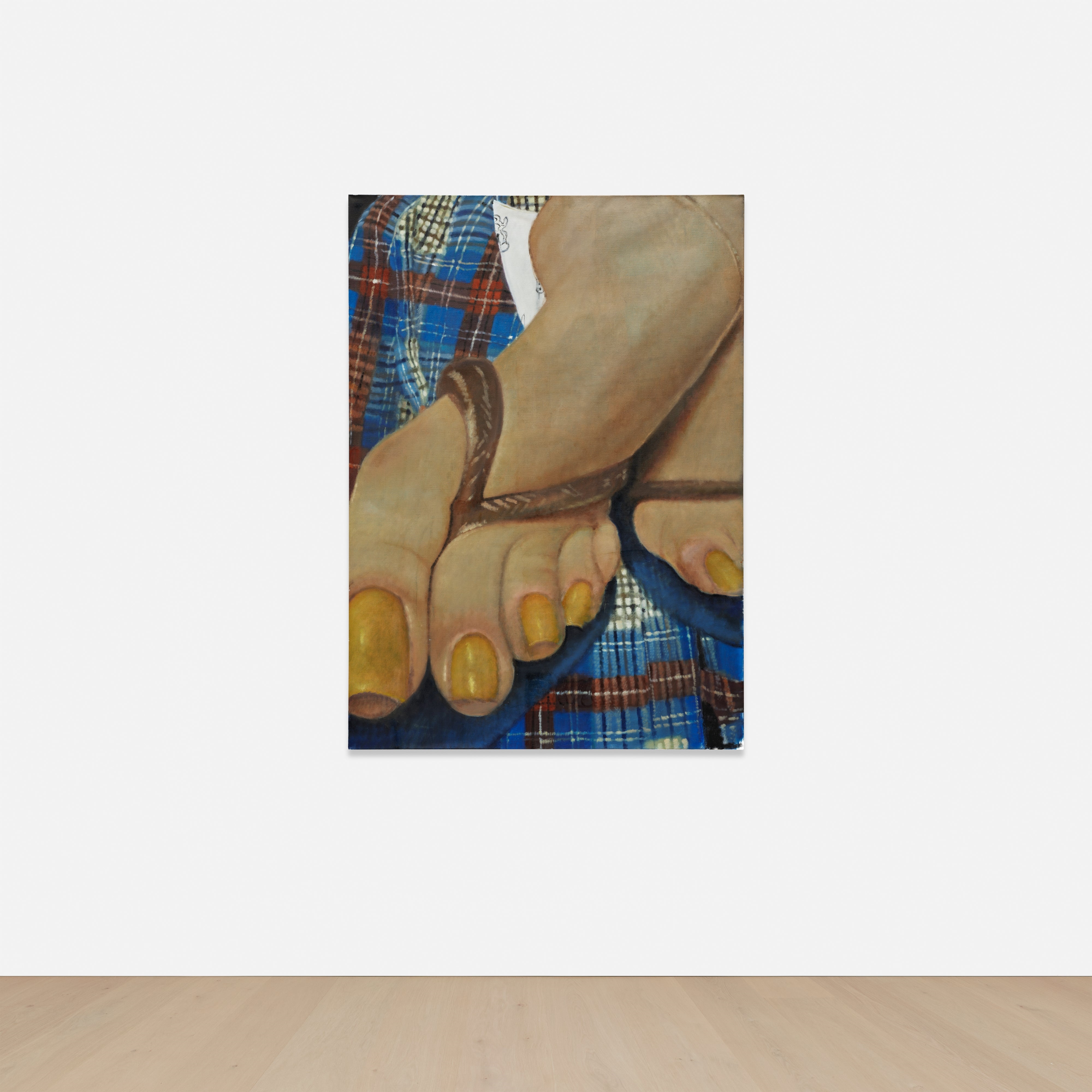 A close-up painting of feet in flip-flops with yellow nail polish against a plaid background.