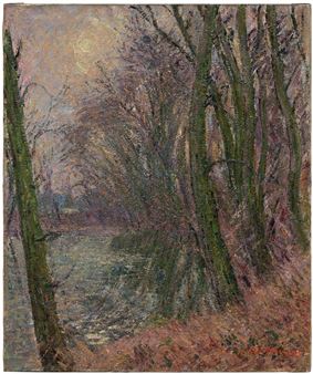 A moody impressionist landscape of a riverbank lined with bare trees under a pale, glowing sky.