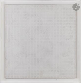 A minimalist abstract composition featuring a grid of faint, textured squares on a white canvas.