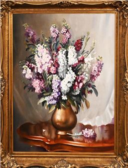 A classical still life painting of a vibrant bouquet in a metallic vase.