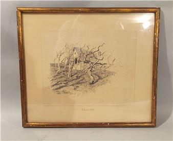 A framed etching of a rustic cottage nestled among bare, gnarled trees.