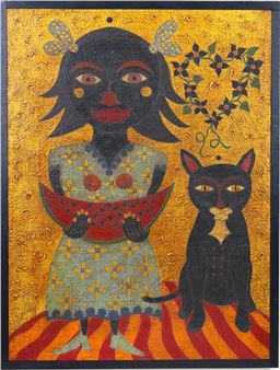 Sugar Baby No. 2 ,Folk art portrait of young woman holding a watermelon beside a black cat - David Tinsley